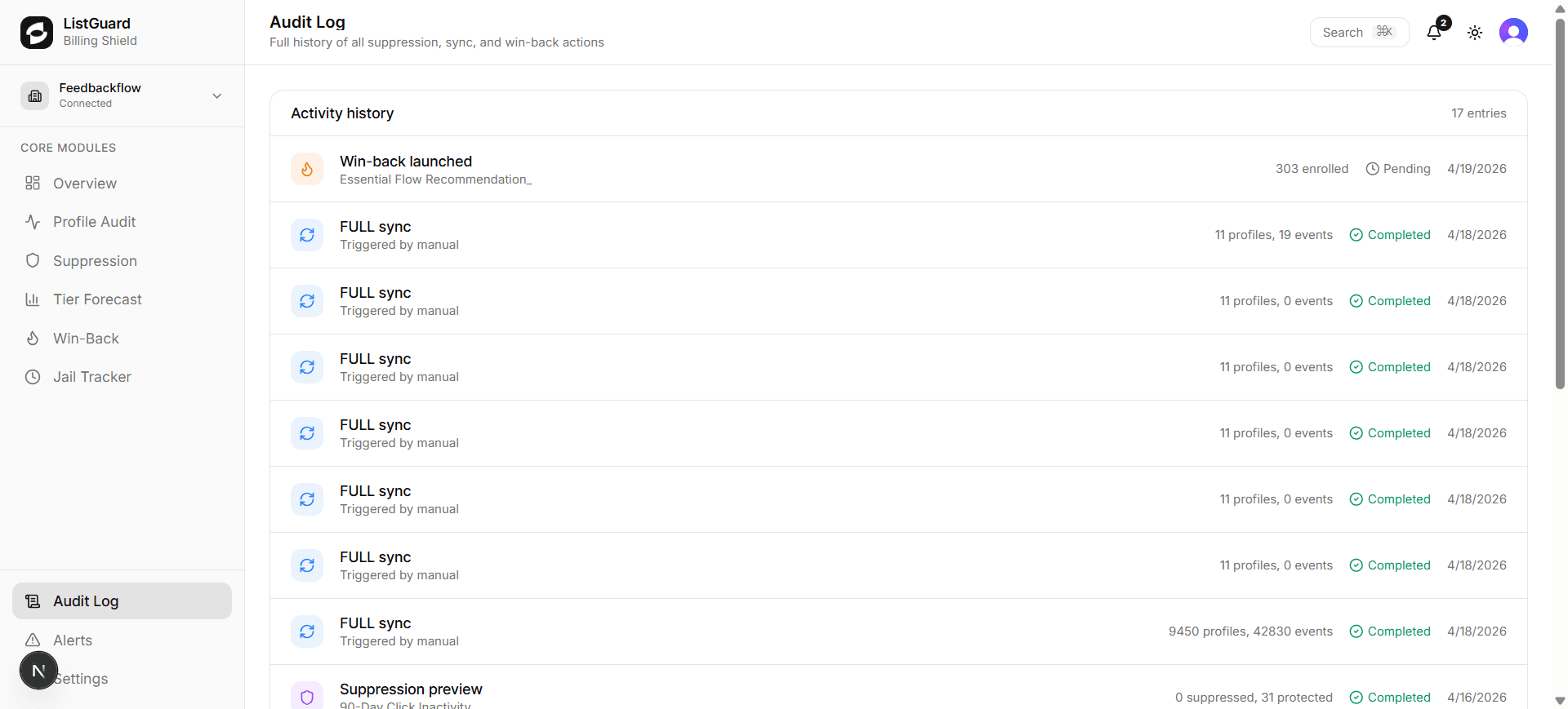 Audit Log activity history