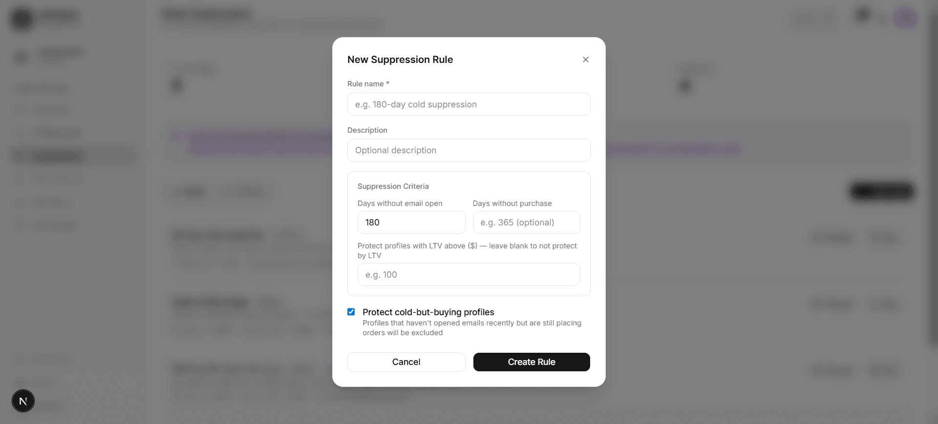New Suppression Rule dialog
