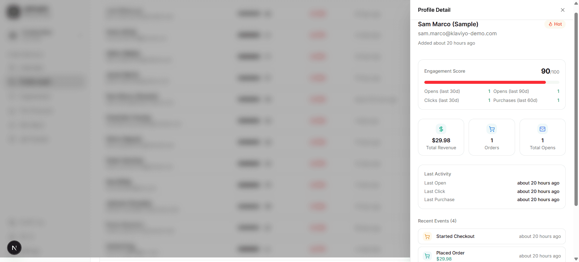 Profile detail panel showing engagement score and recent events