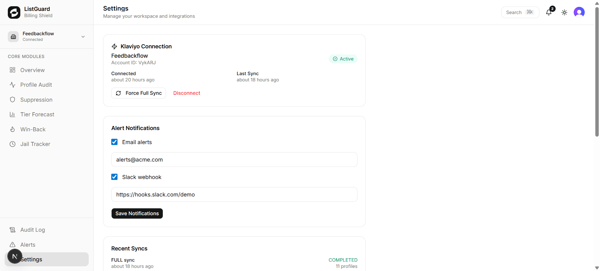 Settings — Klaviyo connection and alert notifications