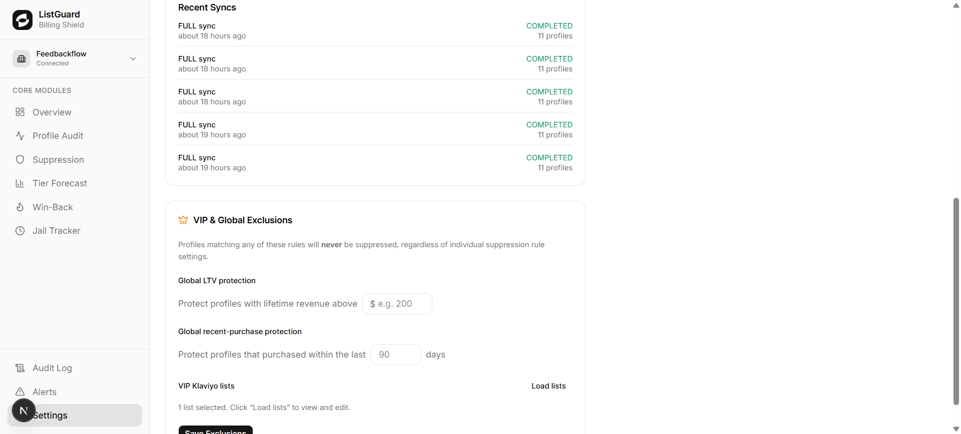 Settings — VIP and global exclusions