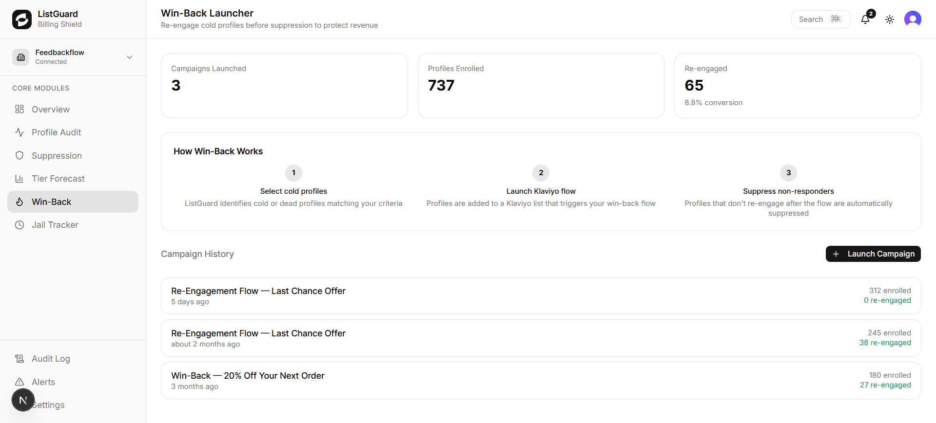 Win-Back Launcher with campaign history
